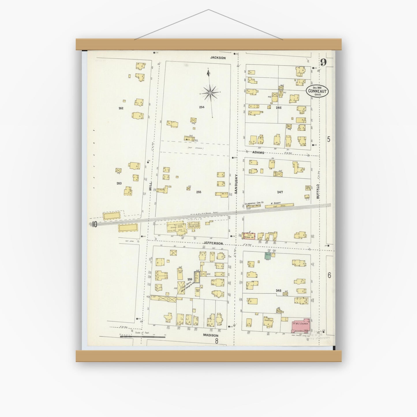 Old map wall art mockup — magnetic wood frame on white wall — Sanborn Fire Insurance Map from Conneaut, Ashtabula County, Ohio (1902), Sheet #0009