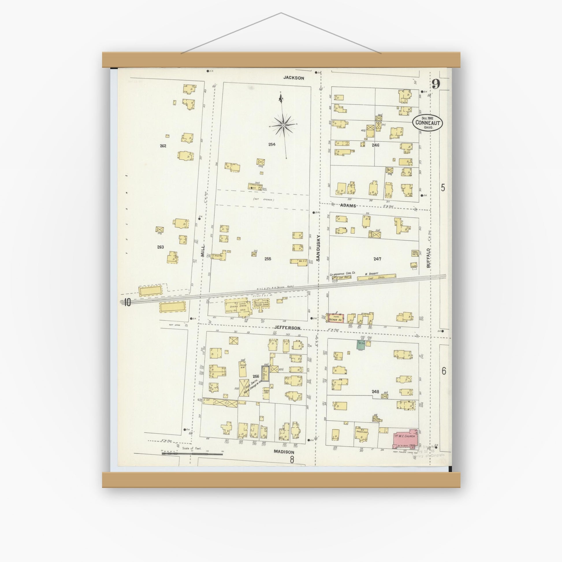 Old map wall art mockup — magnetic wood frame on white wall — Sanborn Fire Insurance Map from Conneaut, Ashtabula County, Ohio (1902), Sheet #0009