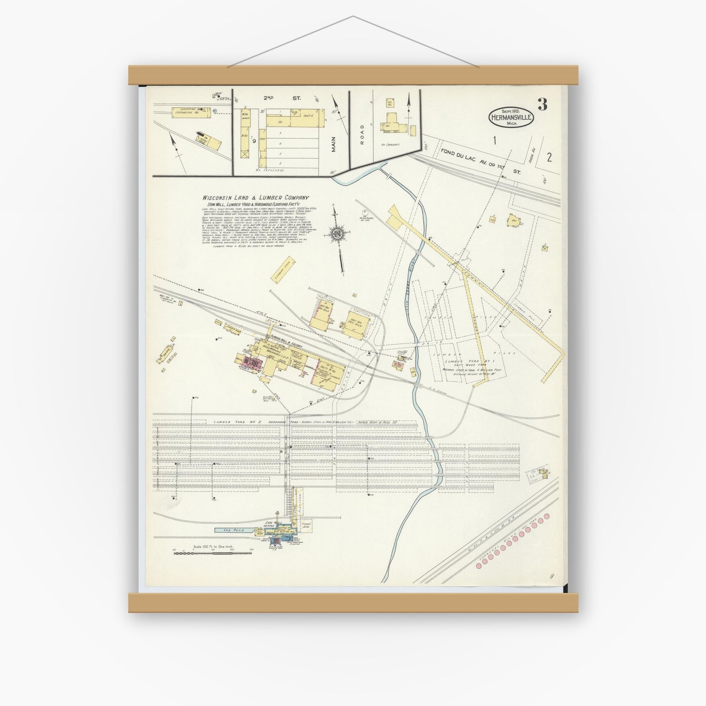 Old map wall art mockup — magnetic wood frame on white wall — Sanborn Fire Insurance Map from Hermansville, Menominee County, Michigan (1913), Sheet #0003
