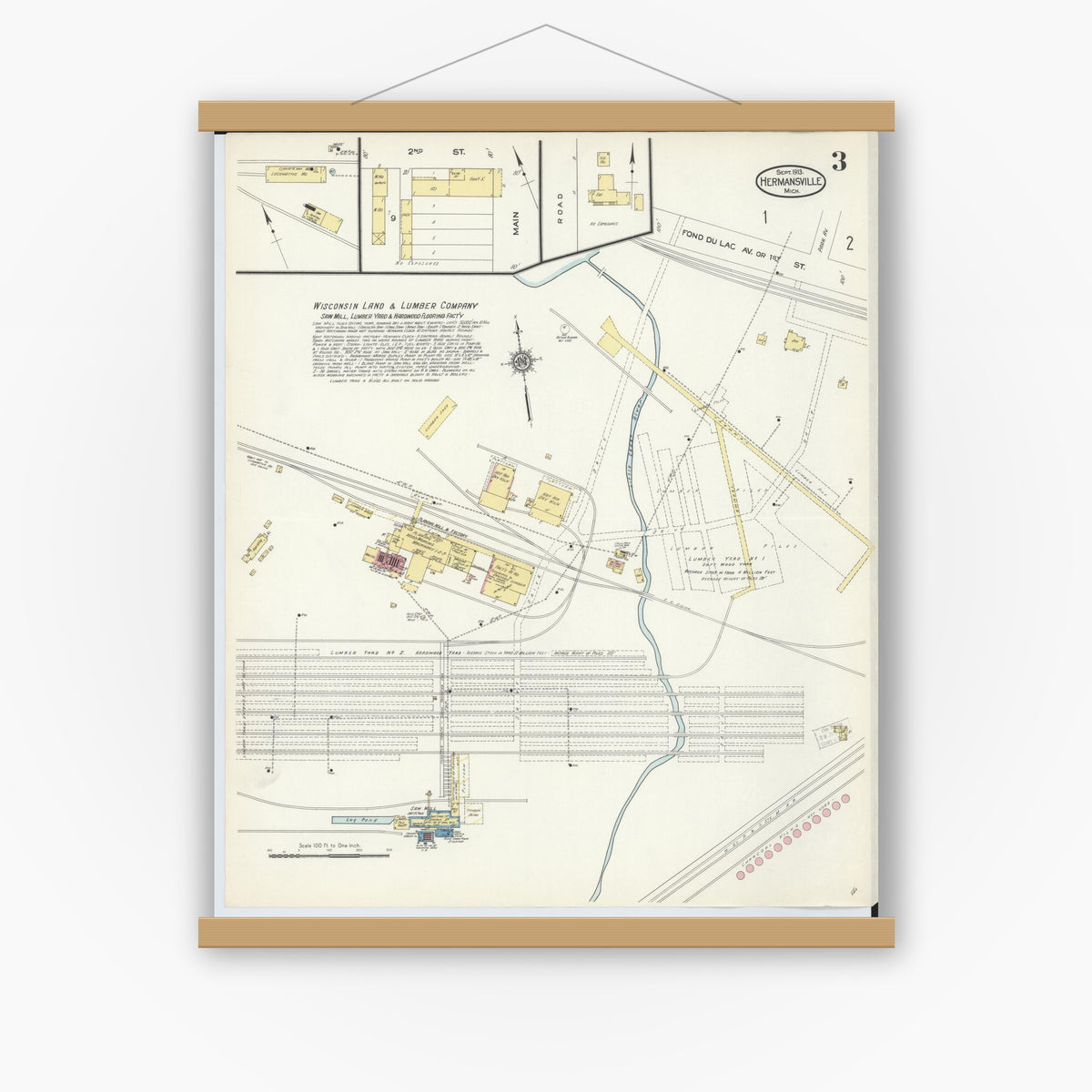 Old map wall art mockup — magnetic wood frame on white wall — Sanborn Fire Insurance Map from Hermansville, Menominee County, Michigan (1913), Sheet #0003