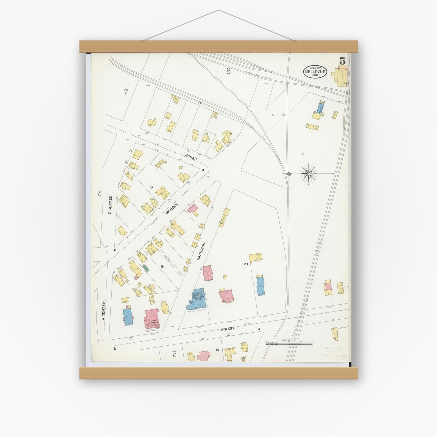 Old map wall art mockup — magnetic wood frame on white wall — Sanborn Fire Insurance Map from Bellevue, Huron And Sandusky County, Ohio (1899), Sheet #0005