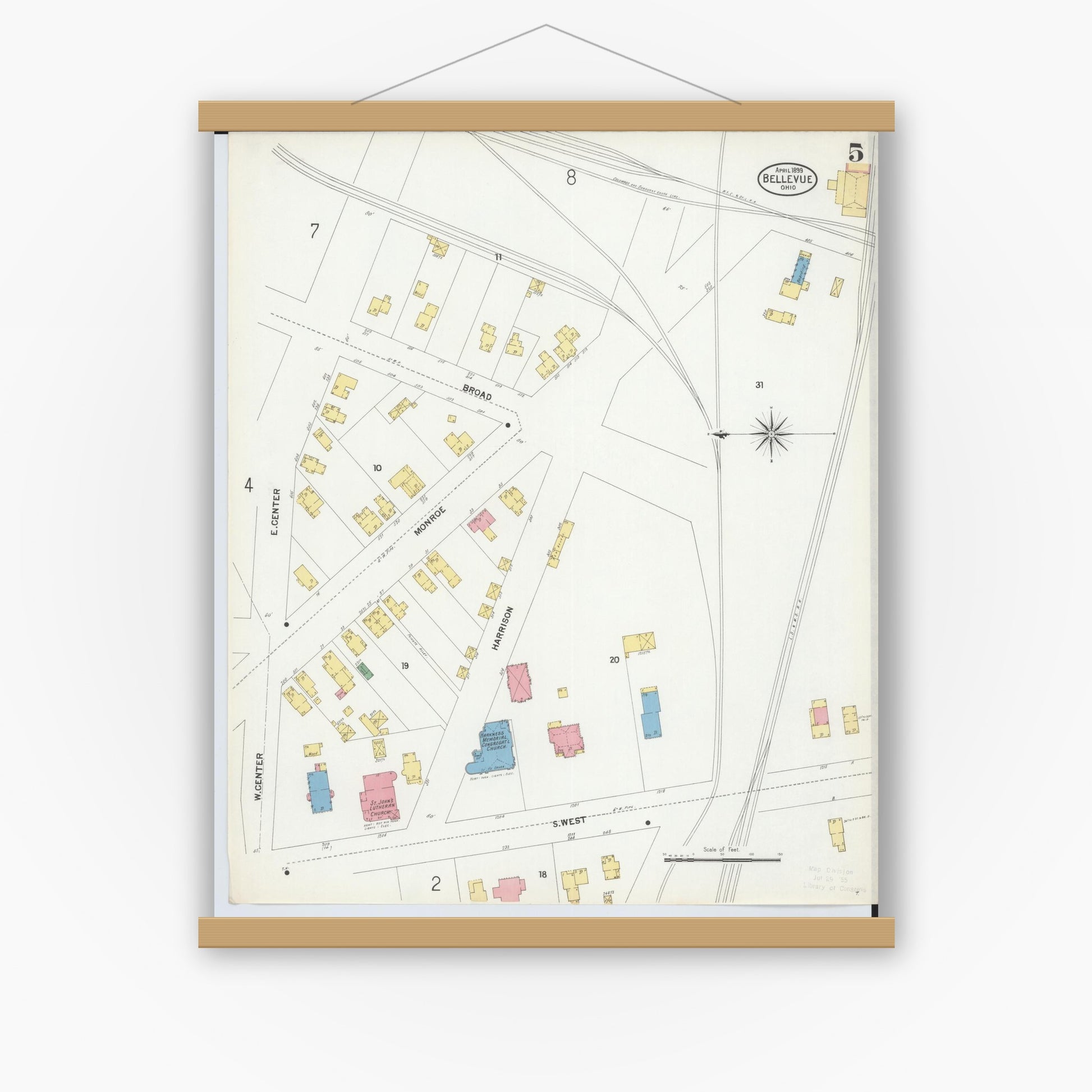 Old map wall art mockup — magnetic wood frame on white wall — Sanborn Fire Insurance Map from Bellevue, Huron And Sandusky County, Ohio (1899), Sheet #0005