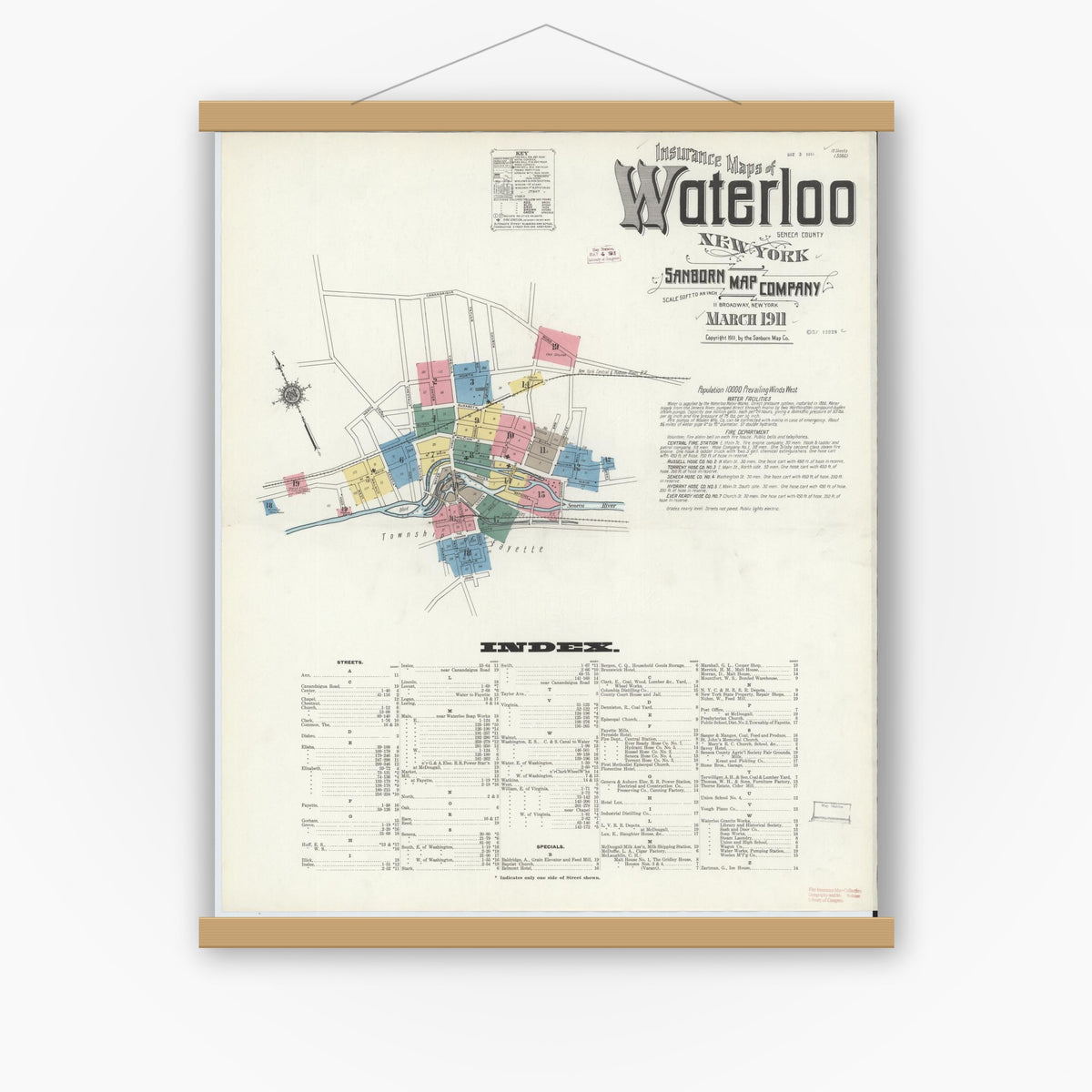 Old map wall art mockup — magnetic wood frame on white wall — Sanborn Fire Insurance Map from Waterloo, Seneca County, New York (1911) - Complete Map Set