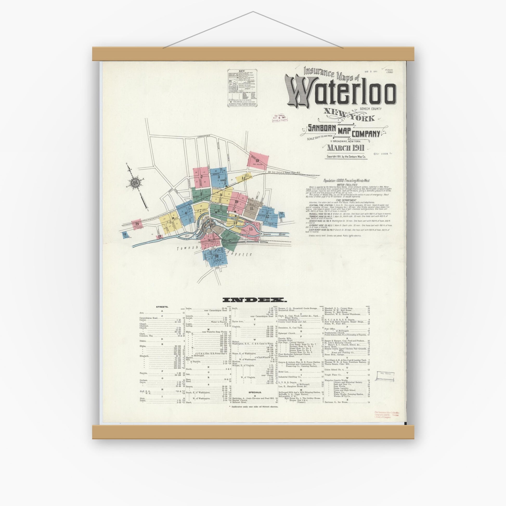 Old map wall art mockup — magnetic wood frame on white wall — Sanborn Fire Insurance Map from Waterloo, Seneca County, New York (1911) - Complete Map Set