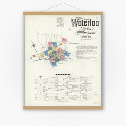 Old map wall art mockup — magnetic wood frame on white wall — Sanborn Fire Insurance Map from Waterloo, Seneca County, New York (1911) - Complete Map Set