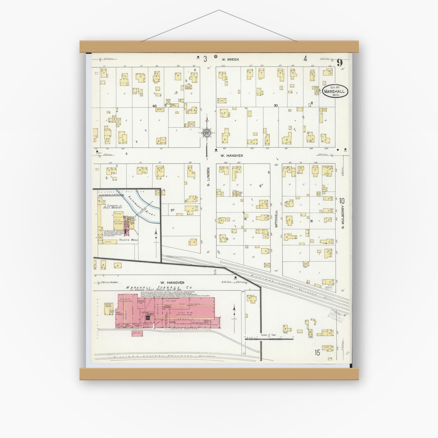 Old map wall art mockup — magnetic wood frame on white wall — Sanborn Fire Insurance Map from Marshall, Calhoun County, Michigan (1911), Sheet #0009