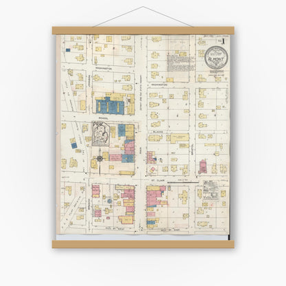 Old map wall art mockup — magnetic wood frame on white wall — Sanborn Fire Insurance Map from Almont, Lapeer County, Michigan (1929), Sheet #0001