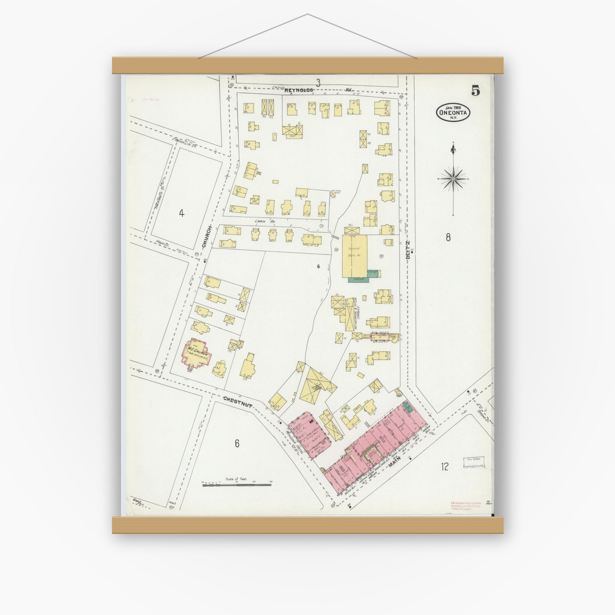 Old map wall art mockup — magnetic wood frame on white wall — Sanborn Fire Insurance Map from Oneonta, Otsego County, New York (1905), Sheet #0005