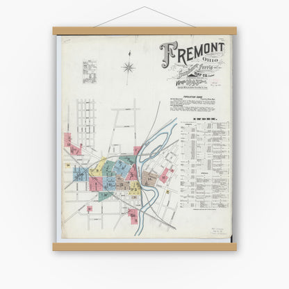 Old map wall art mockup — magnetic wood frame on white wall — Sanborn Fire Insurance Map from Fremont, Sandusky County, Ohio (1893), Sheet #0001