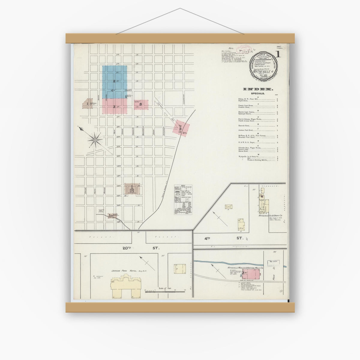 Old map wall art mockup — magnetic wood frame on white wall — Sanborn Fire Insurance Map from Wytheville, Wythe County, Virginia (1891) - Complete Map Set