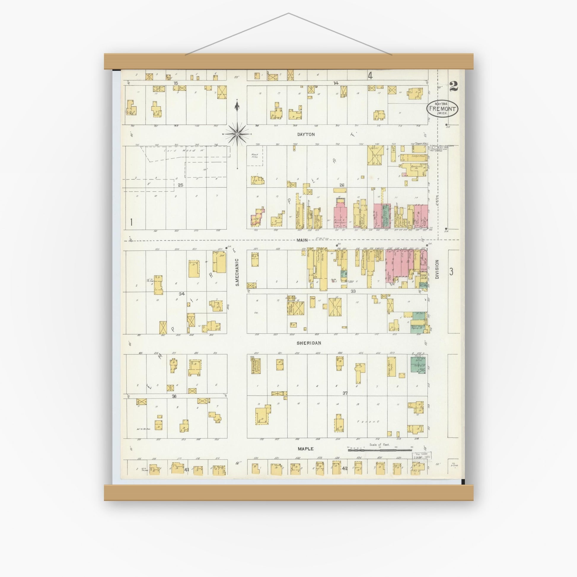 Old map wall art mockup — magnetic wood frame on white wall — Sanborn Fire Insurance Map from Fremont, Newaygo County, Michigan (1904), Sheet #0002