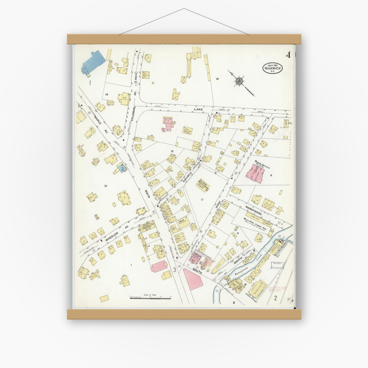 Old map wall art mockup — magnetic wood frame on white wall — Sanborn Fire Insurance Map from Warwick, Orange County, New York (1910), Sheet #0004