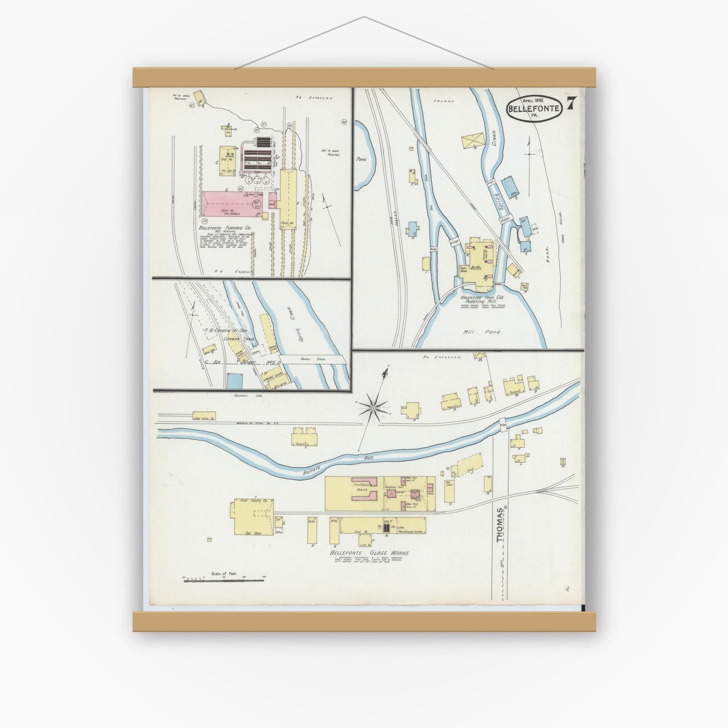 Old map wall art mockup — magnetic wood frame on white wall — Sanborn Fire Insurance Map from Bellefonte, Centre County, Pennsylvania (1892), Sheet #0007