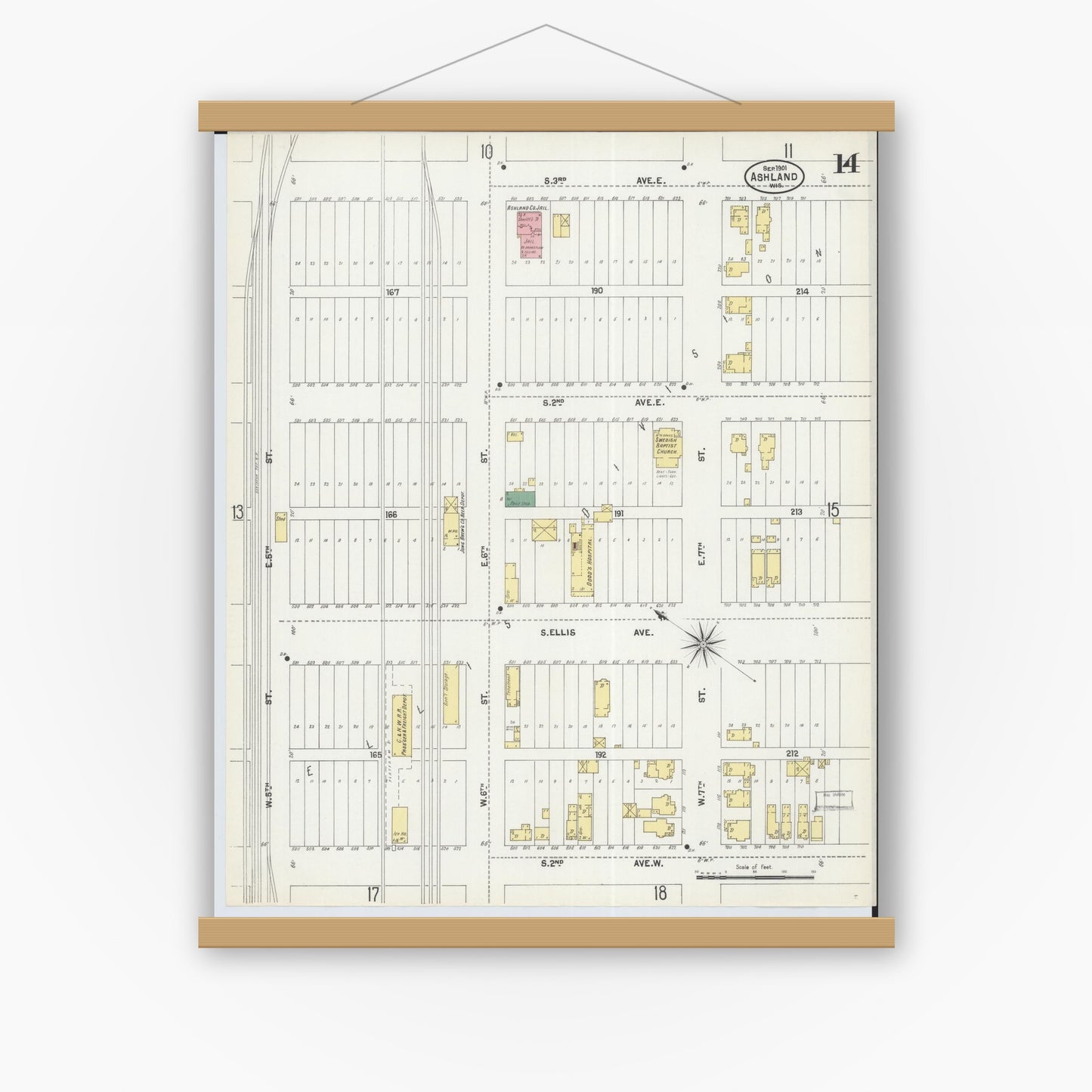 Old map wall art mockup — magnetic wood frame on white wall — Sanborn Fire Insurance Map from Ashland, Ashland County, Wisconsin (1901), Sheet #0014