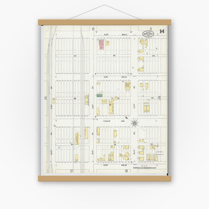 Old map wall art mockup — magnetic wood frame on white wall — Sanborn Fire Insurance Map from Ashland, Ashland County, Wisconsin (1901), Sheet #0014