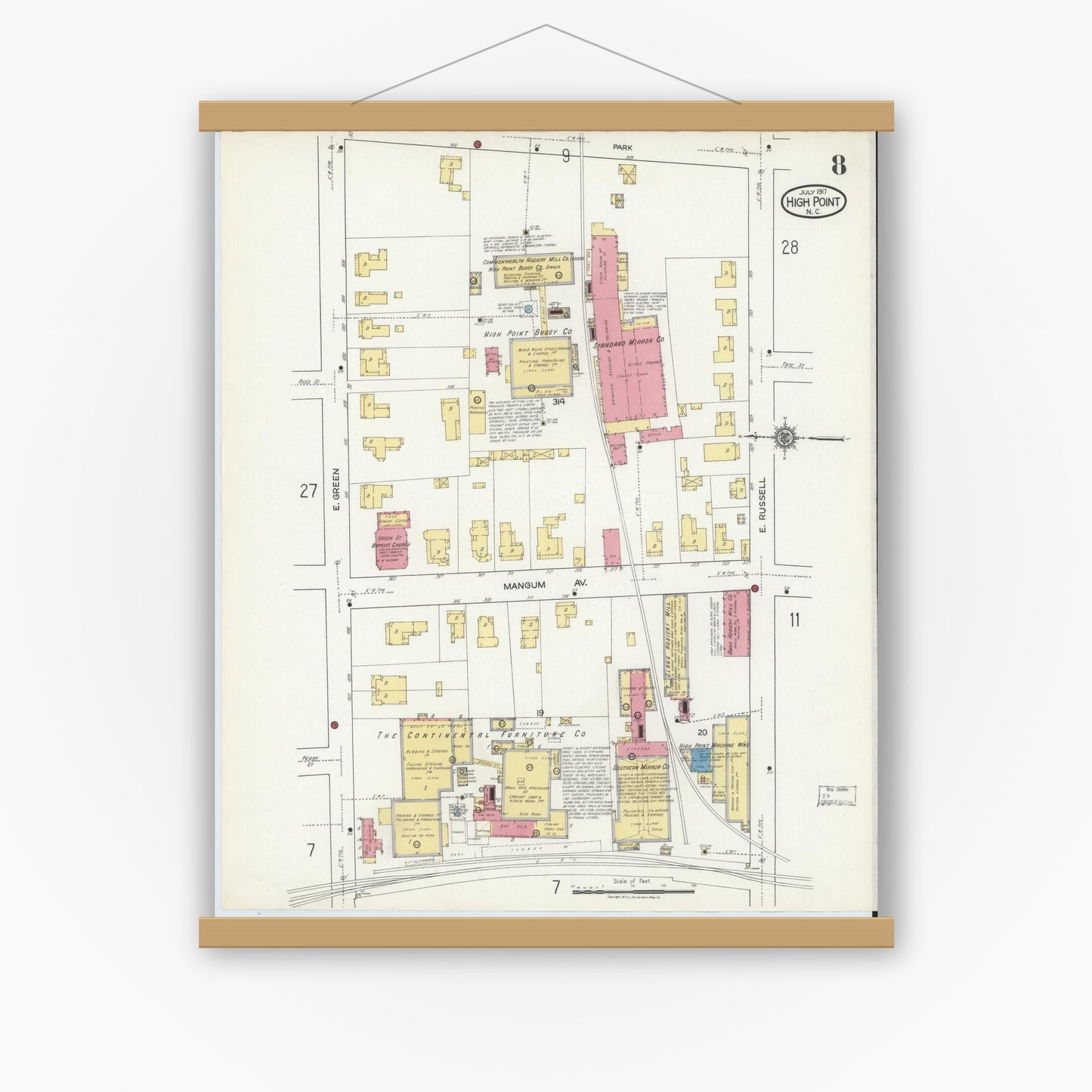 Old map wall art mockup — magnetic wood frame on white wall — Sanborn Fire Insurance Map from High Point, Guilford County, North Carolina (1917), Sheet #0008
