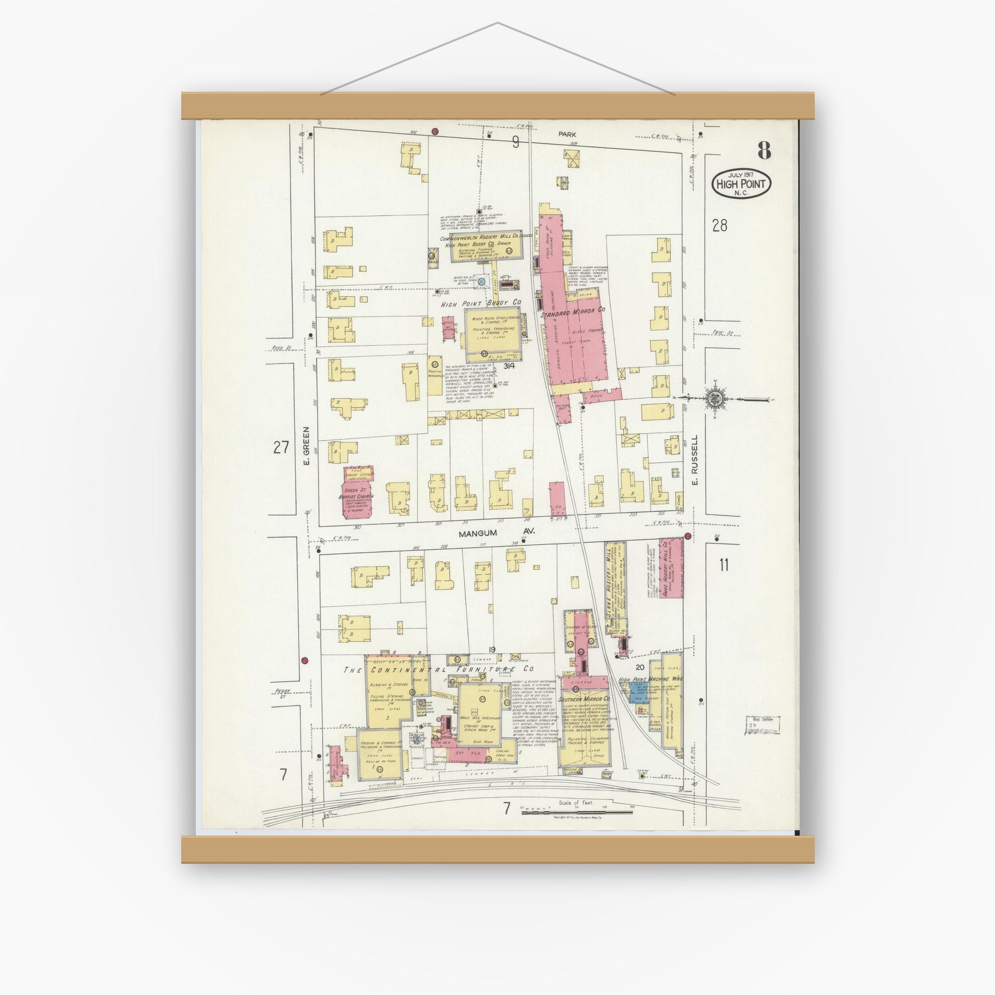 Old map wall art mockup — magnetic wood frame on white wall — Sanborn Fire Insurance Map from High Point, Guilford County, North Carolina (1917), Sheet #0008