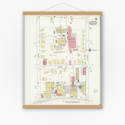 Old map wall art mockup — magnetic wood frame on white wall — Sanborn Fire Insurance Map from High Point, Guilford County, North Carolina (1917), Sheet #0008