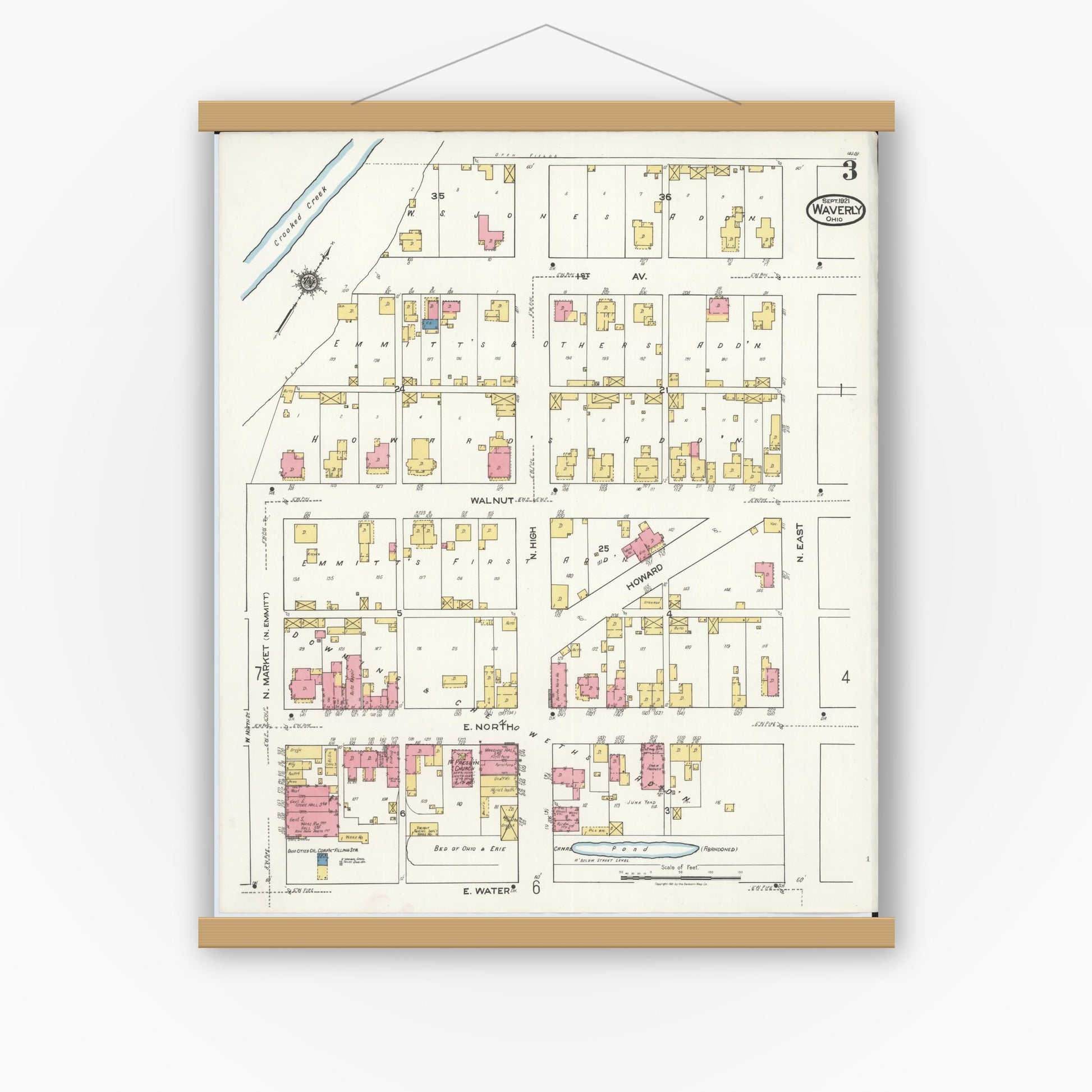 Old map wall art mockup — magnetic wood frame on white wall — Sanborn Fire Insurance Map from Waverly, Pike County, Ohio (1921), Sheet #0003