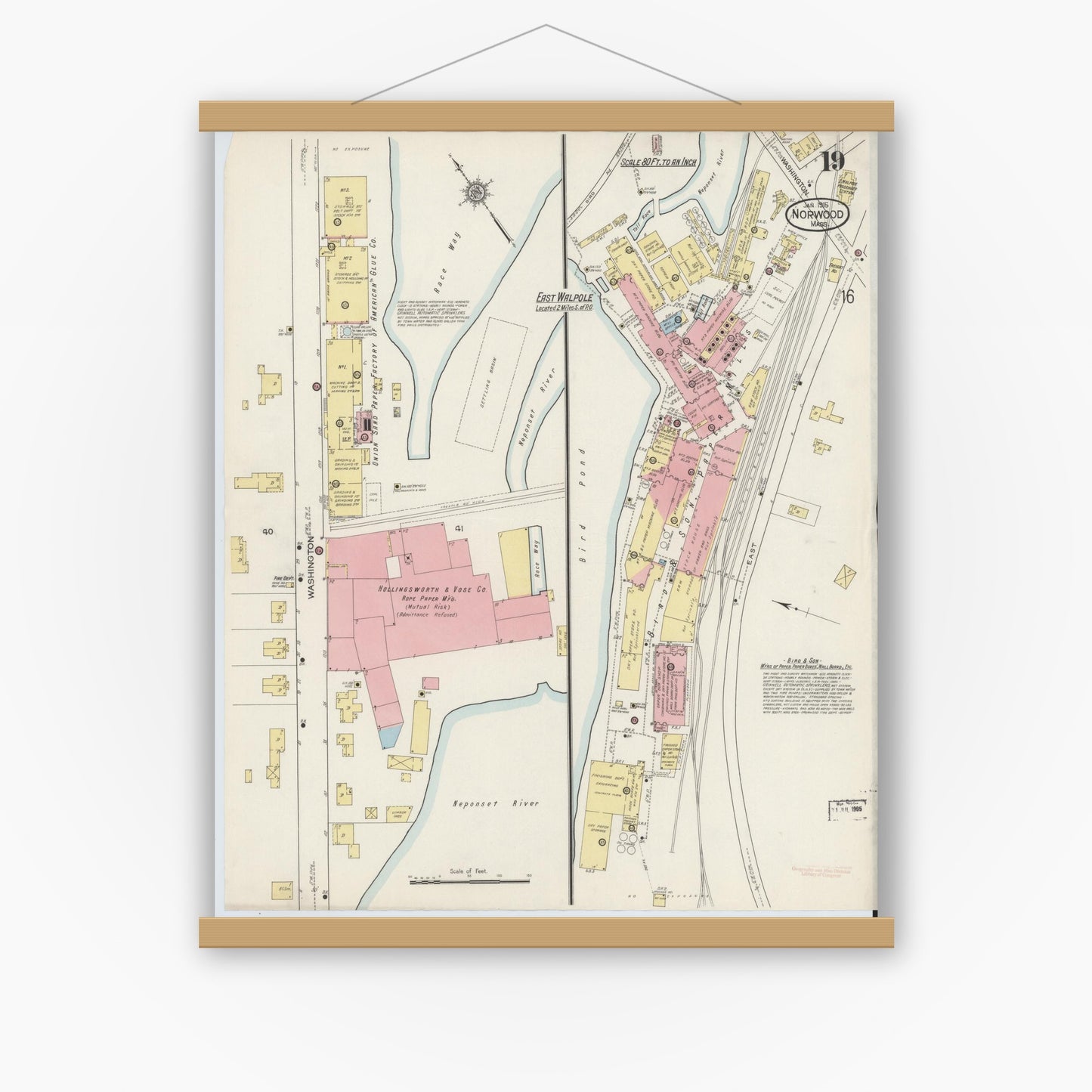 Old map wall art mockup — magnetic wood frame on white wall — Sanborn Fire Insurance Map from Norwood, Norfolk County, Massachusetts (1915), Sheet #0019