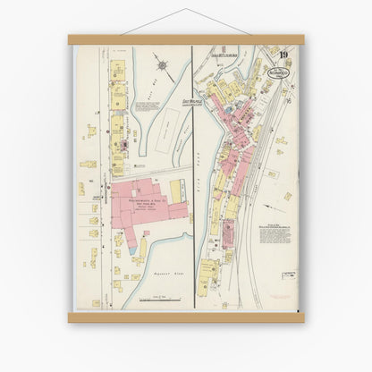 Old map wall art mockup — magnetic wood frame on white wall — Sanborn Fire Insurance Map from Norwood, Norfolk County, Massachusetts (1915), Sheet #0019