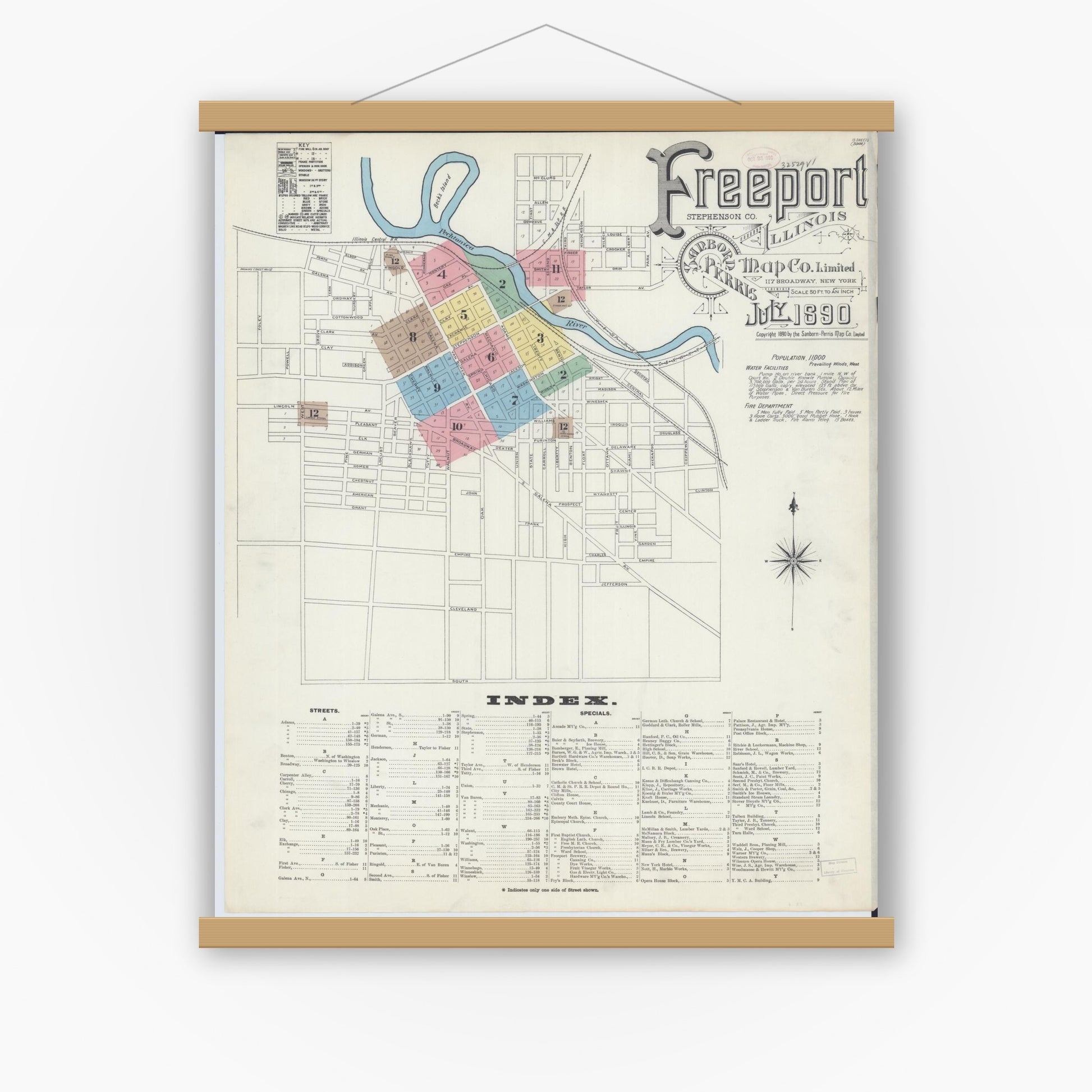Old map wall art mockup — magnetic wood frame on white wall — Sanborn Fire Insurance Map from Freeport, Stephenson County, Illinois (1890) - Complete Map Set