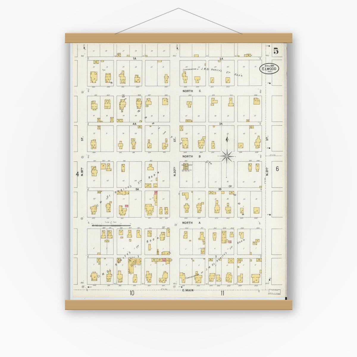 Old map wall art mockup — magnetic wood frame on white wall — Sanborn Fire Insurance Map from Elwood, Madison County, Indiana (1899), Sheet #0005