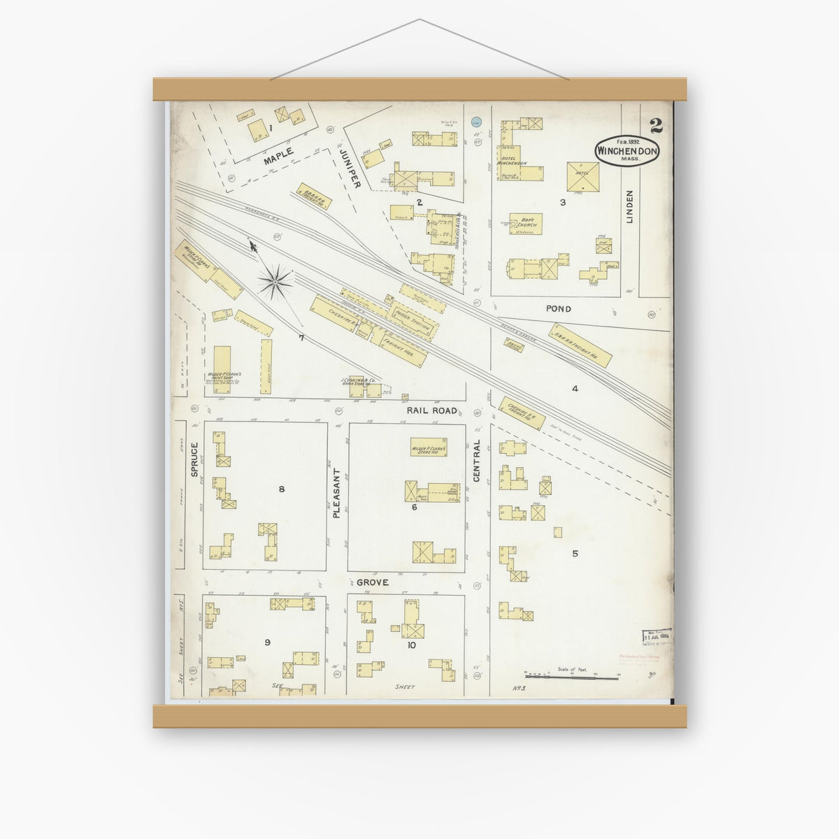 Old map wall art mockup — magnetic wood frame on white wall — Sanborn Fire Insurance Map from Winchendon, Worcester County, Massachusetts (1892), Sheet #0002