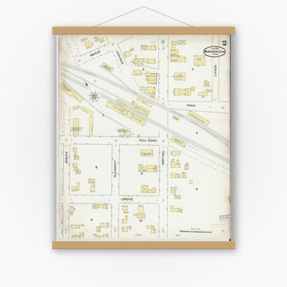 Old map wall art mockup — magnetic wood frame on white wall — Sanborn Fire Insurance Map from Winchendon, Worcester County, Massachusetts (1892), Sheet #0002