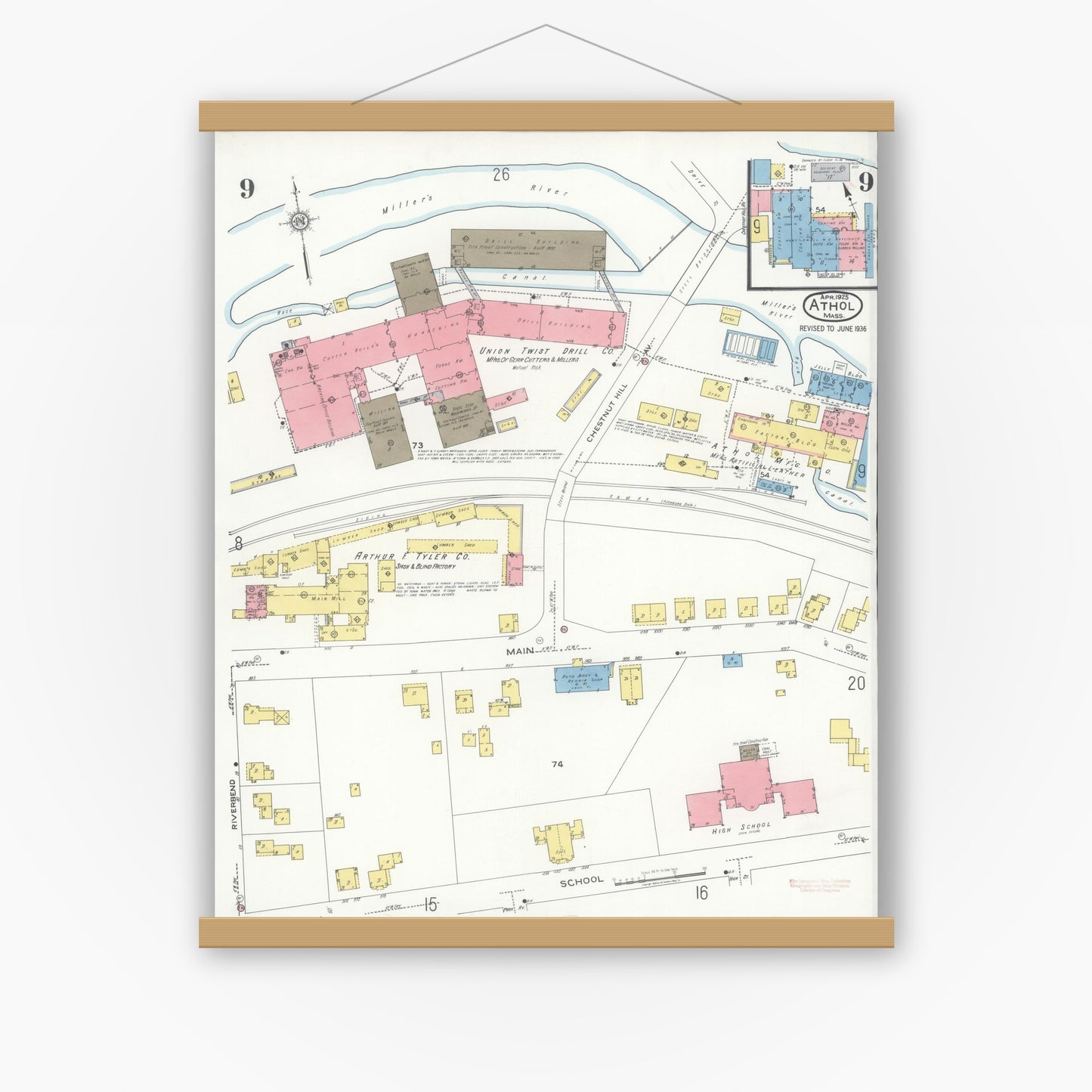 Old map wall art mockup — magnetic wood frame on white wall — Sanborn Fire Insurance Map from Athol, Worcester County, Massachusetts (1936), Sheet #0009