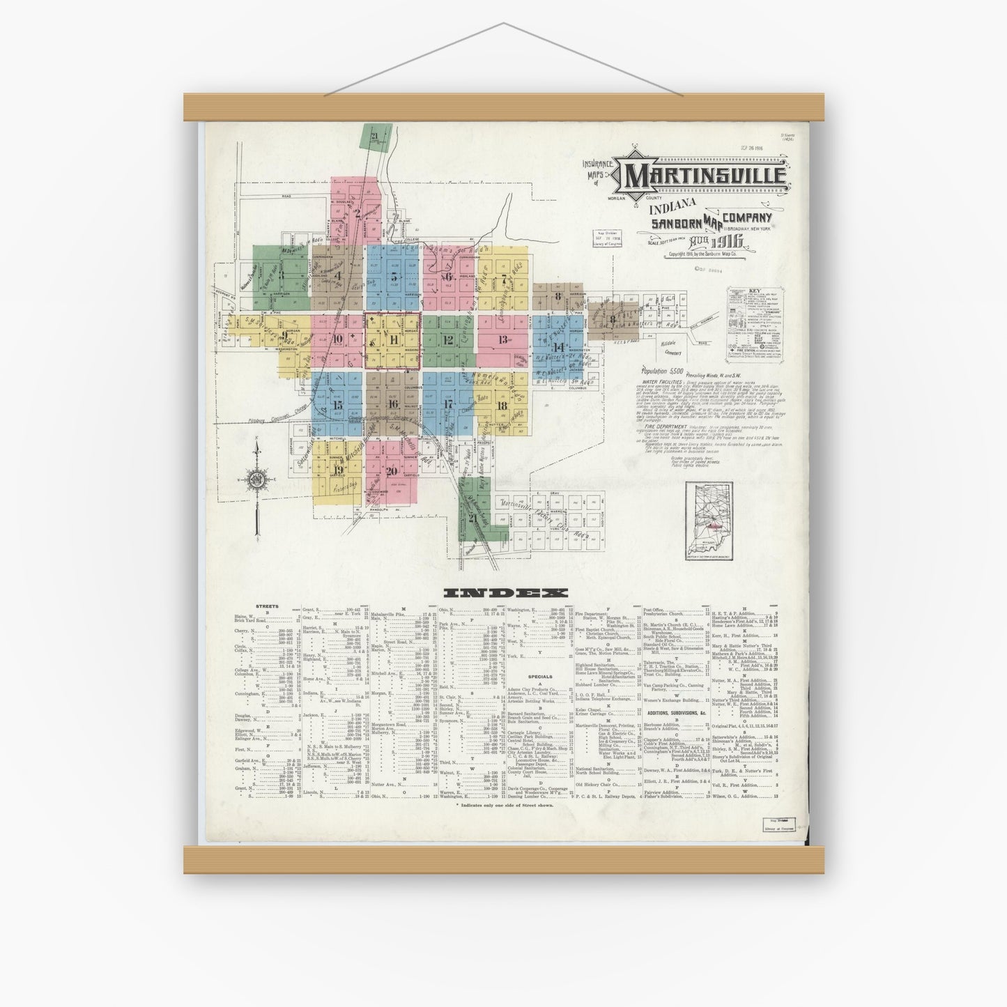 Old map wall art mockup — magnetic wood frame on white wall — Sanborn Fire Insurance Map from Martinsville, Morgan County, Indiana (1916), Sheet #0001