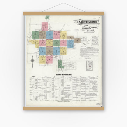 Old map wall art mockup — magnetic wood frame on white wall — Sanborn Fire Insurance Map from Martinsville, Morgan County, Indiana (1916), Sheet #0001