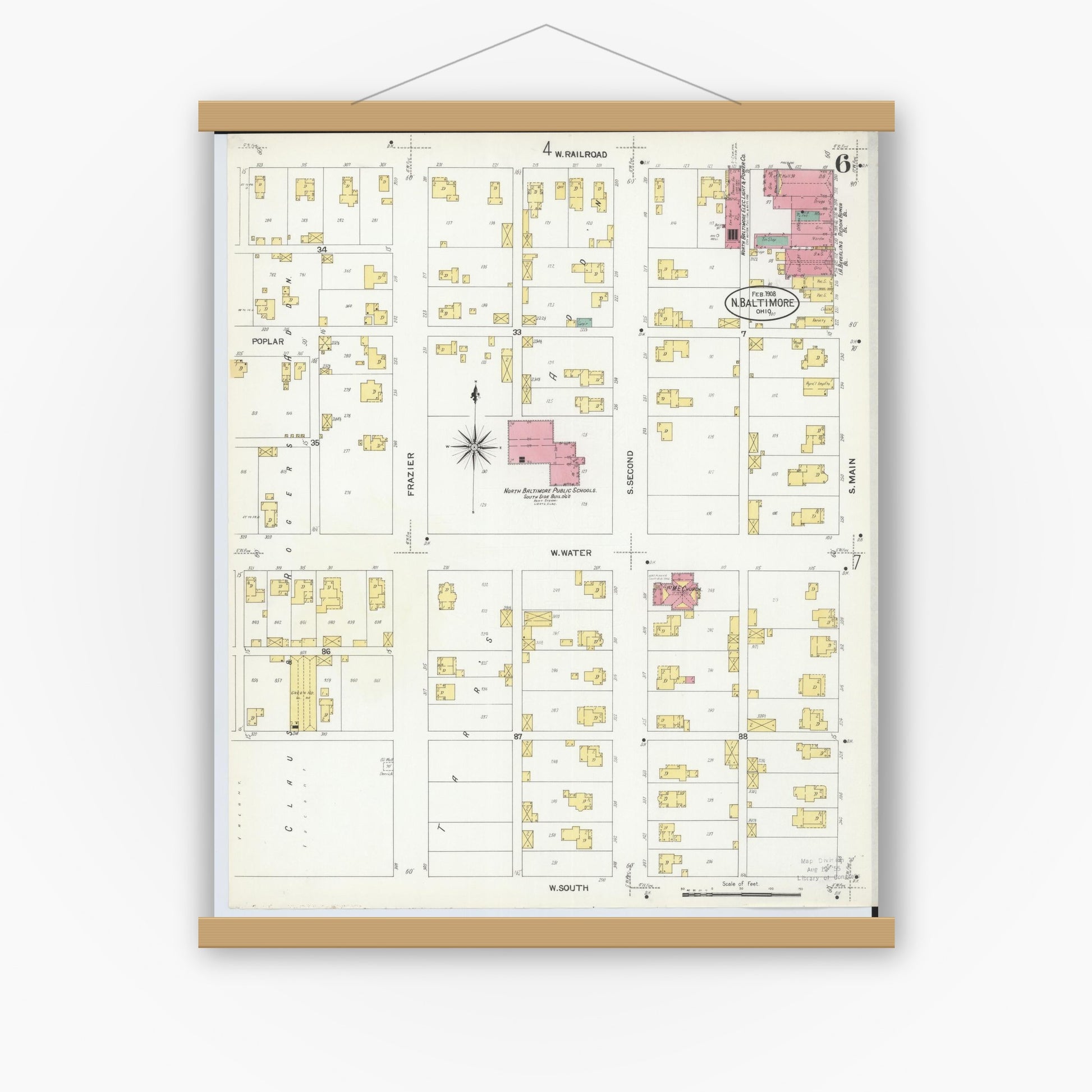 Old map wall art mockup — magnetic wood frame on white wall — Sanborn Fire Insurance Map from North Baltimore, Wood County, Ohio (1908), Sheet #0006