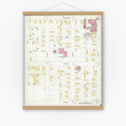 Old map wall art mockup — magnetic wood frame on white wall — Sanborn Fire Insurance Map from North Baltimore, Wood County, Ohio (1908), Sheet #0006