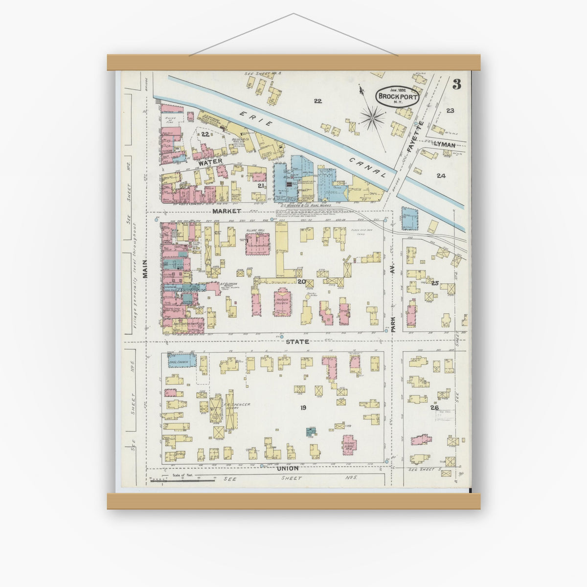 Old map wall art mockup — magnetic wood frame on white wall — Sanborn Fire Insurance Map from Brockport, Monroe County, New York (1892), Sheet #0003