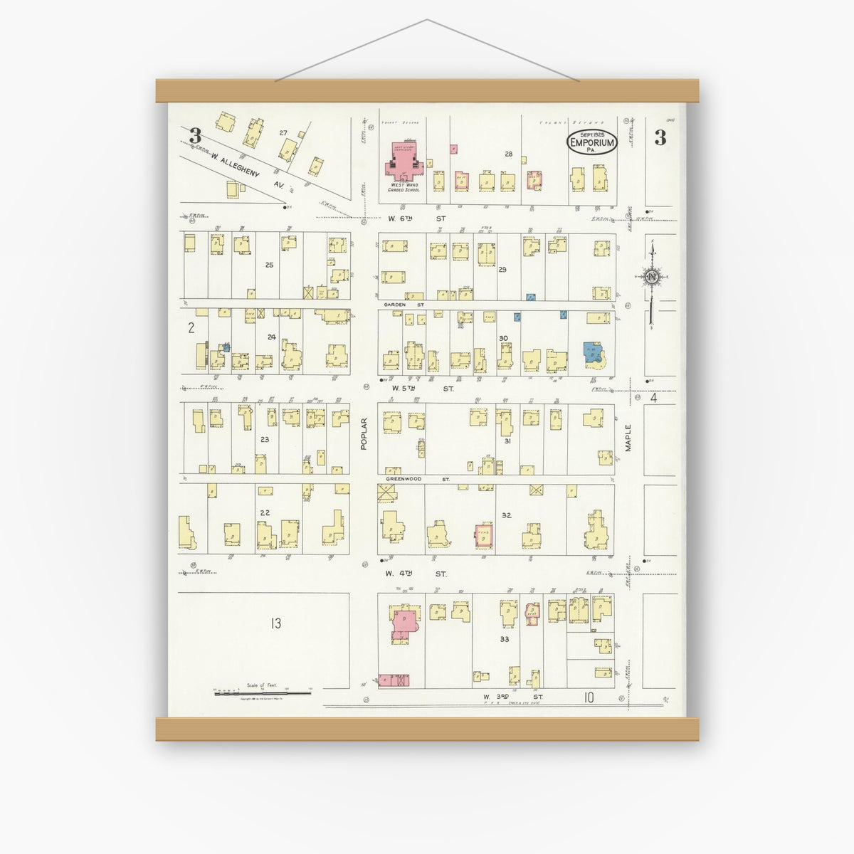 Old map wall art mockup — magnetic wood frame on white wall — Sanborn Fire Insurance Map from Emporium, Cameron County, Pennsylvania (1925), Sheet #0003