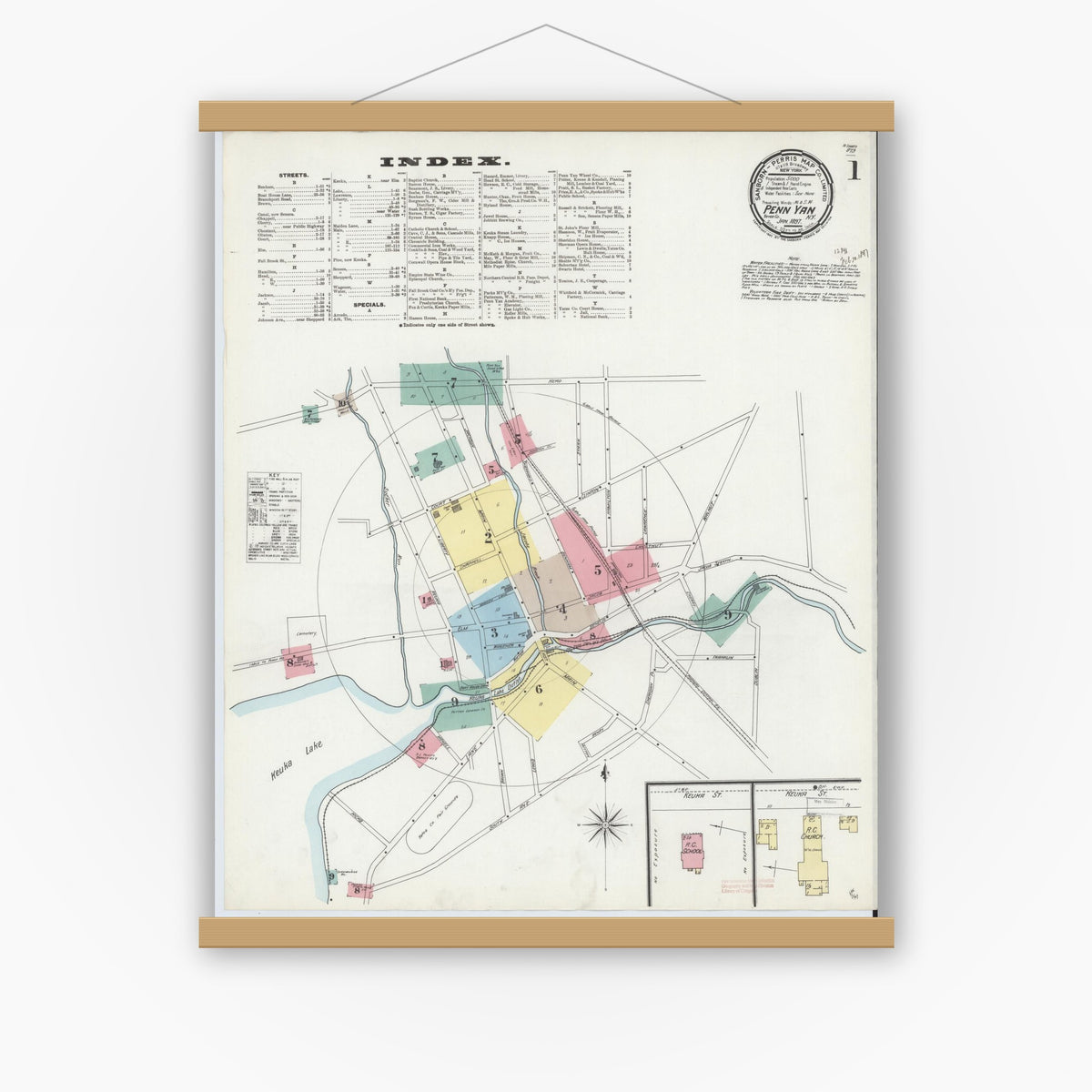 Old map wall art mockup — magnetic wood frame on white wall — Sanborn Fire Insurance Map from Penn Yan, Yates County, New York (1897) - Complete Map Set