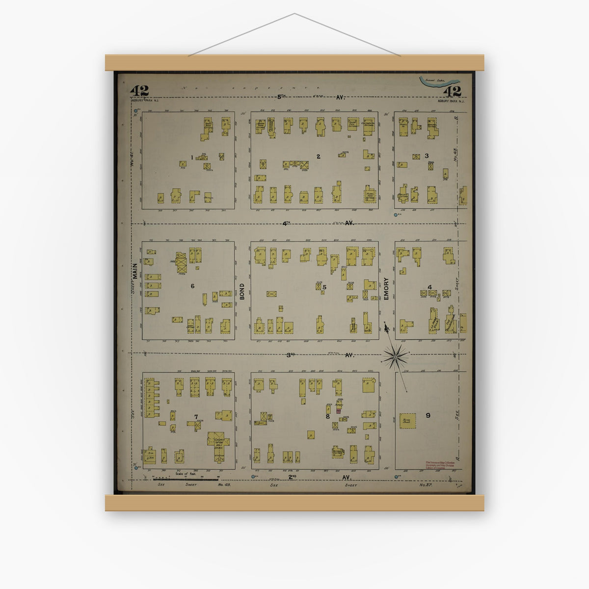 Old map wall art mockup — magnetic wood frame on white wall — Sanborn Fire Insurance Map from New Jersey Coast, New Jersey Coast, New Jersey (1890), Sheet #0042