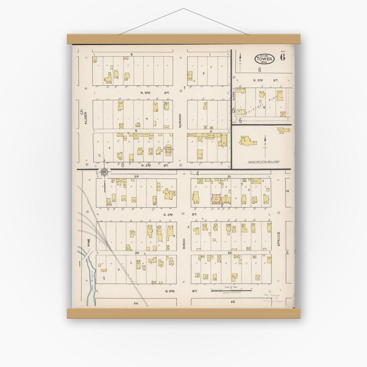 Old map wall art mockup — magnetic wood frame on white wall — Sanborn Fire Insurance Map from Tower, Saint Louis County, Minnesota (1921), Sheet #0006