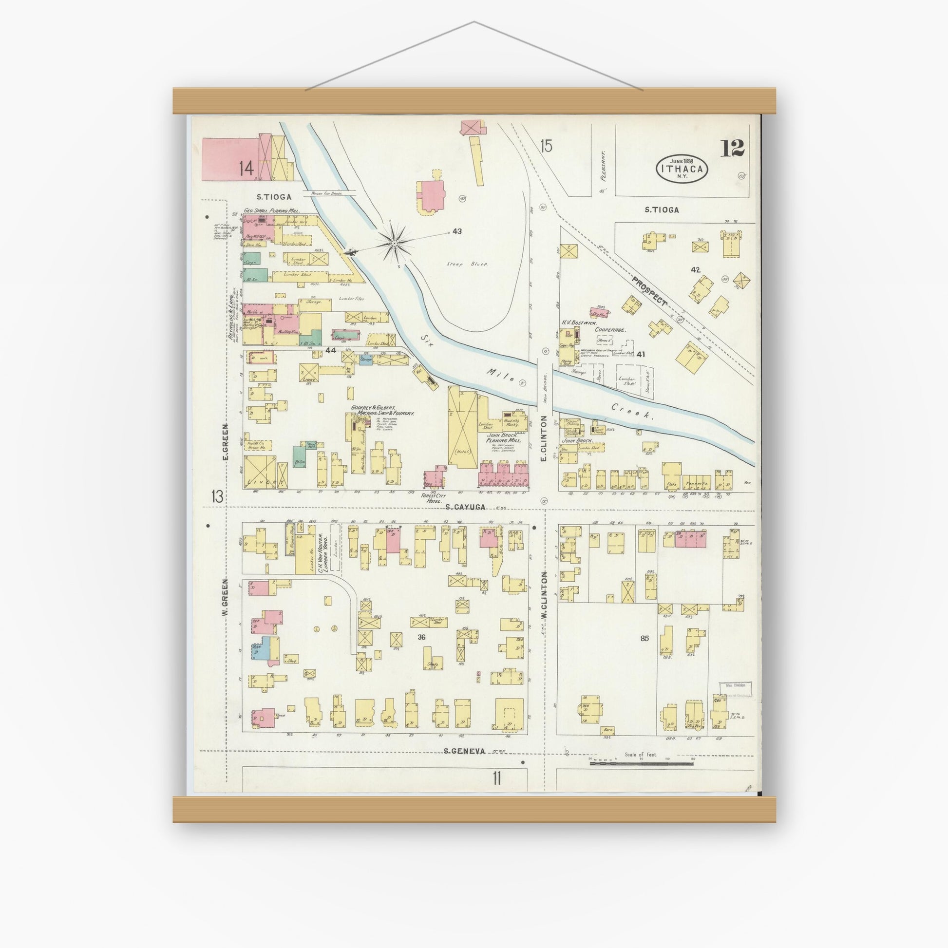 Old map wall art mockup — magnetic wood frame on white wall — Sanborn Fire Insurance Map from Ithaca, Tompkins County, New York (1898), Sheet #0012