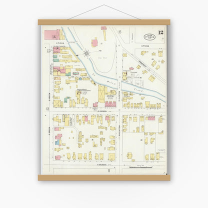 Old map wall art mockup — magnetic wood frame on white wall — Sanborn Fire Insurance Map from Ithaca, Tompkins County, New York (1898), Sheet #0012
