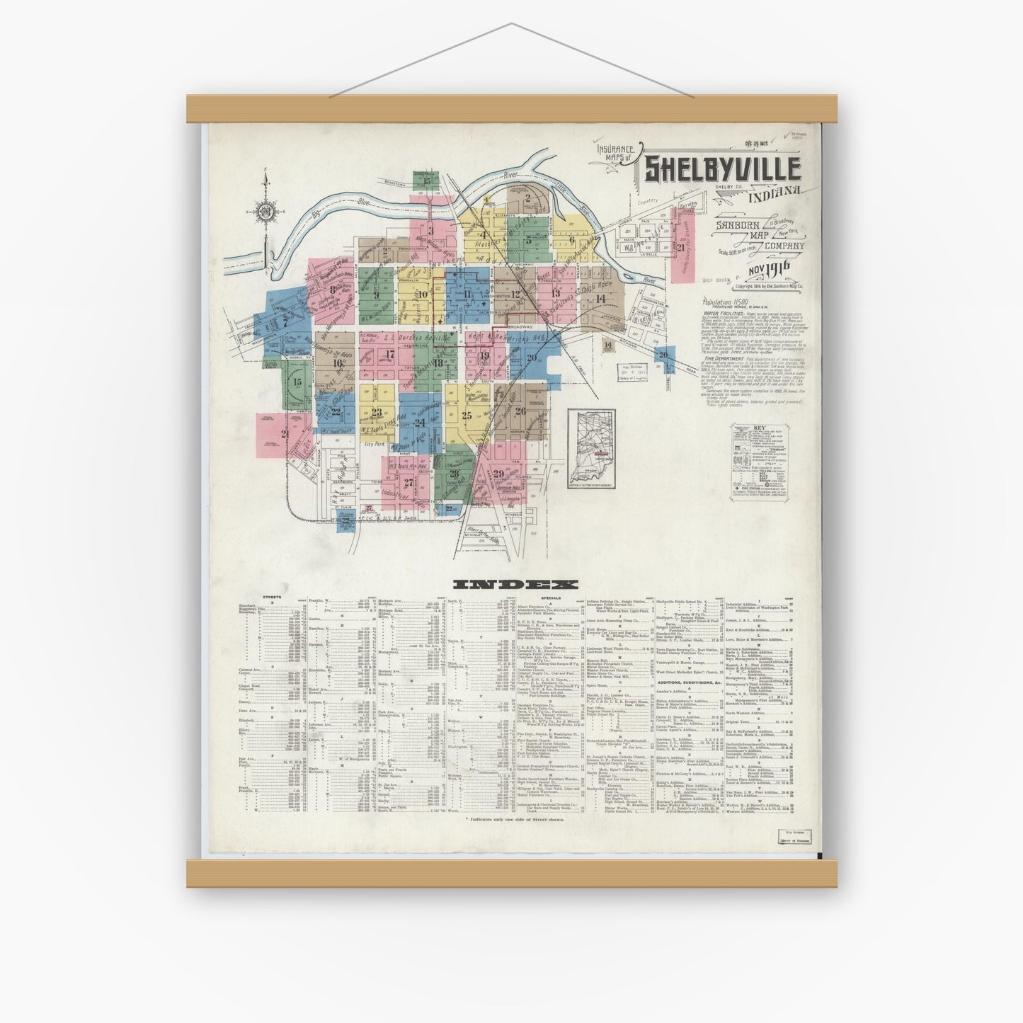 Old map wall art mockup — magnetic wood frame on white wall — Sanborn Fire Insurance Map from Shelbyville, Shelby County, Indiana (1916), Sheet #0001