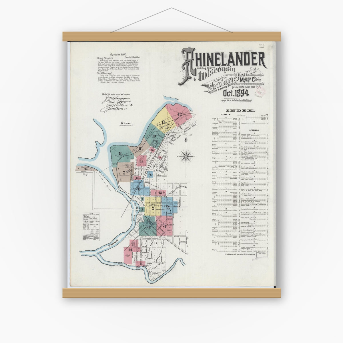 Old map wall art mockup — magnetic wood frame on white wall — Sanborn Fire Insurance Map from Rhinelander, Oneida County, Wisconsin (1894) - Complete Map Set