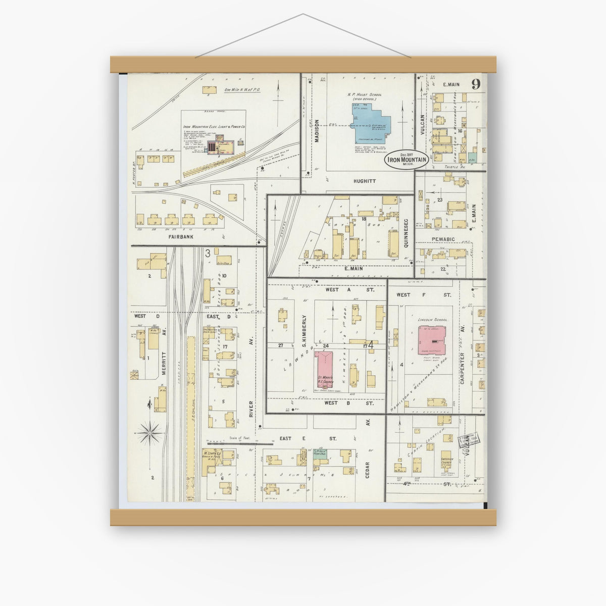 Old map wall art mockup — magnetic wood frame on white wall — Sanborn Fire Insurance Map from Iron Mountain, Dickinson County, Michigan (1897), Sheet #0009