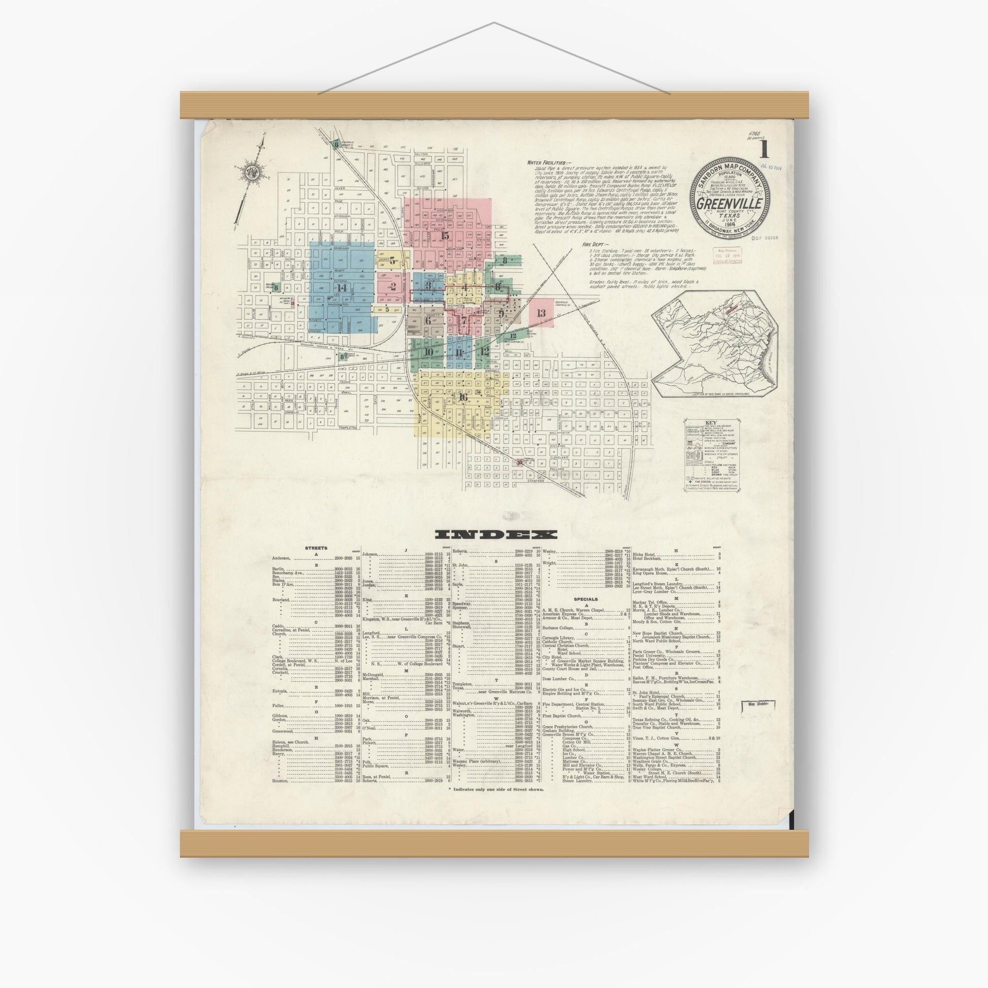 Old map wall art mockup — magnetic wood frame on white wall — Sanborn Fire Insurance Map from Greenville, Hunt County, Texas (1914), Sheet #0001