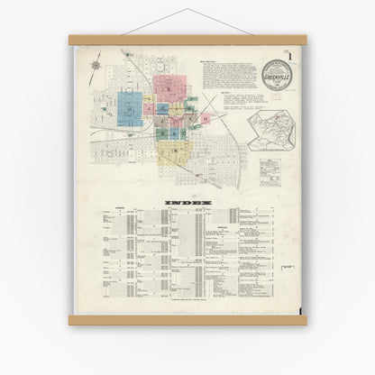Old map wall art mockup — magnetic wood frame on white wall — Sanborn Fire Insurance Map from Greenville, Hunt County, Texas (1914), Sheet #0001