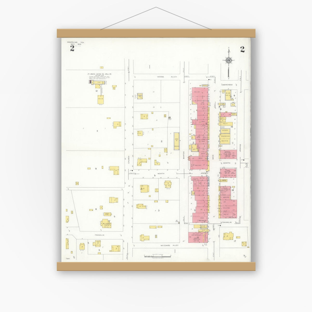 Old map wall art mockup — magnetic wood frame on white wall — Sanborn Fire Insurance Map from Grapevine, Tarrant County, Texas (1935), Sheet #0002