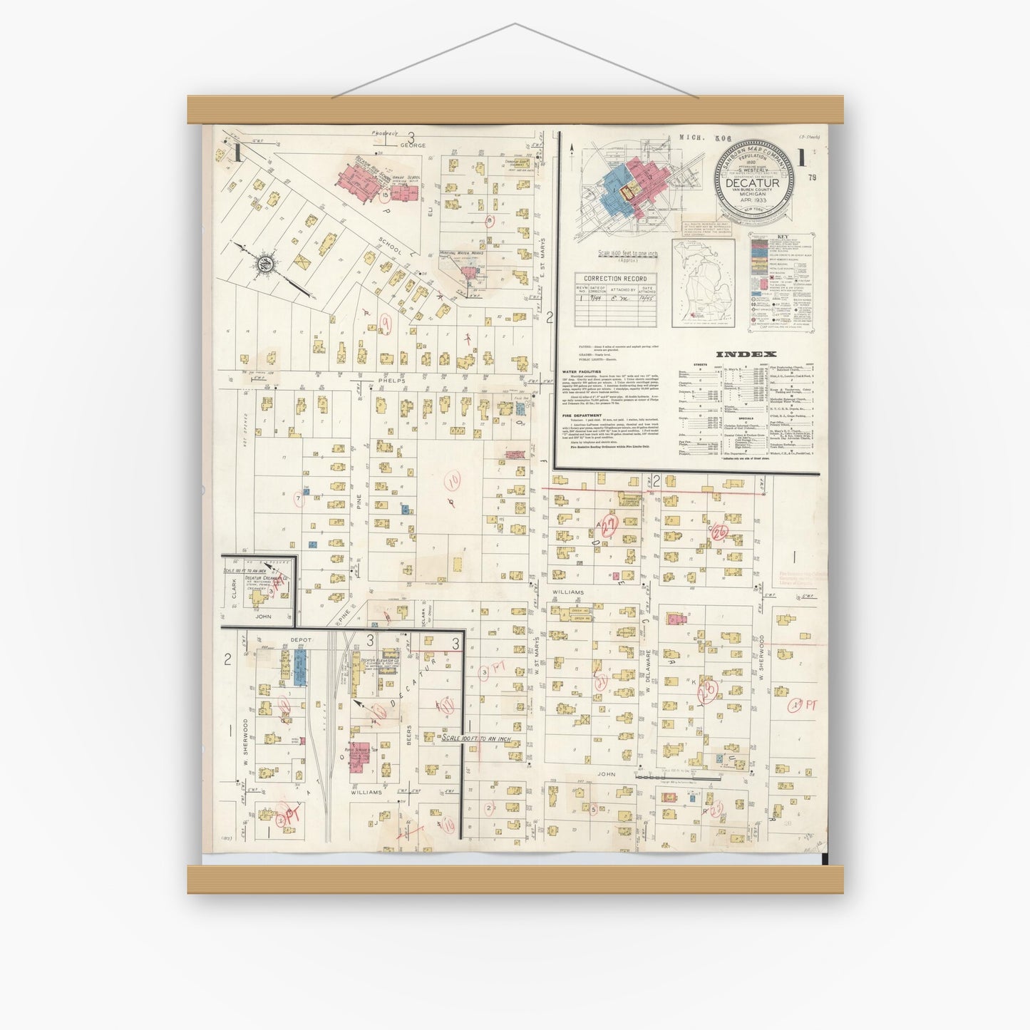 Old map wall art mockup — magnetic wood frame on white wall — Sanborn Fire Insurance Map from Decatur, Van Buren County, Michigan (1944), Sheet #0001
