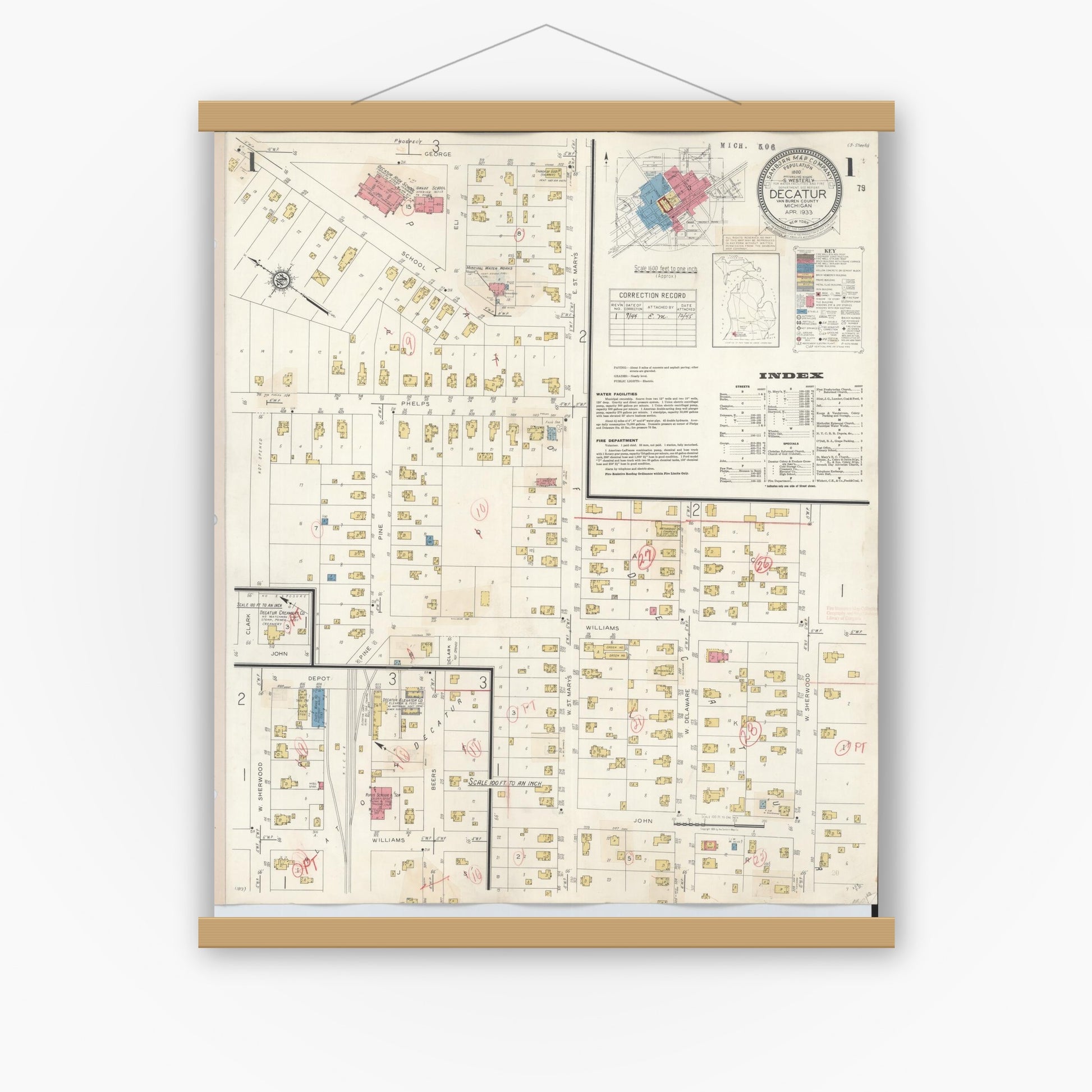 Old map wall art mockup — magnetic wood frame on white wall — Sanborn Fire Insurance Map from Decatur, Van Buren County, Michigan (1944), Sheet #0001