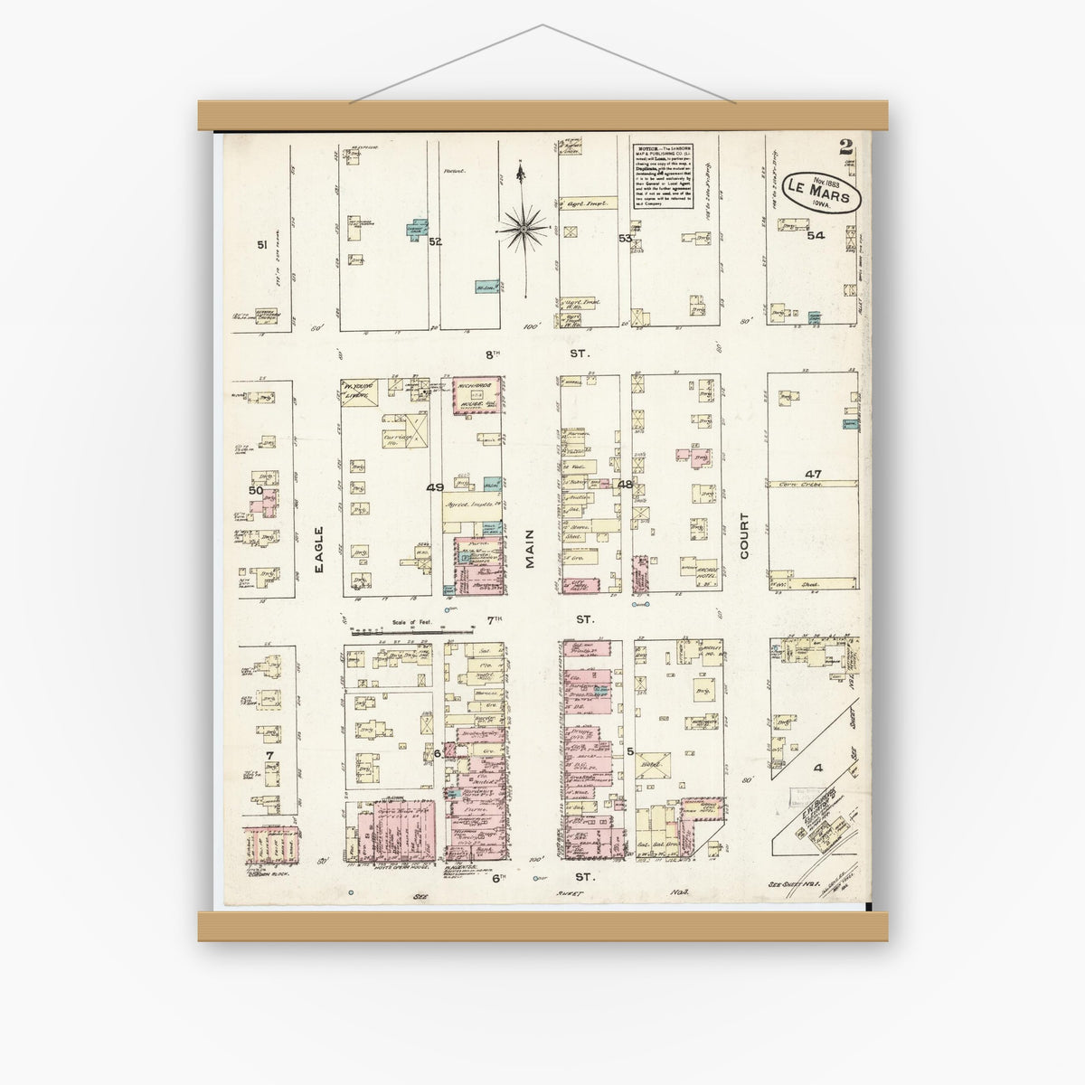 Old map wall art mockup — magnetic wood frame on white wall — Sanborn Fire Insurance Map from Le Mars, Plymouth County, Iowa (1883), Sheet #0002